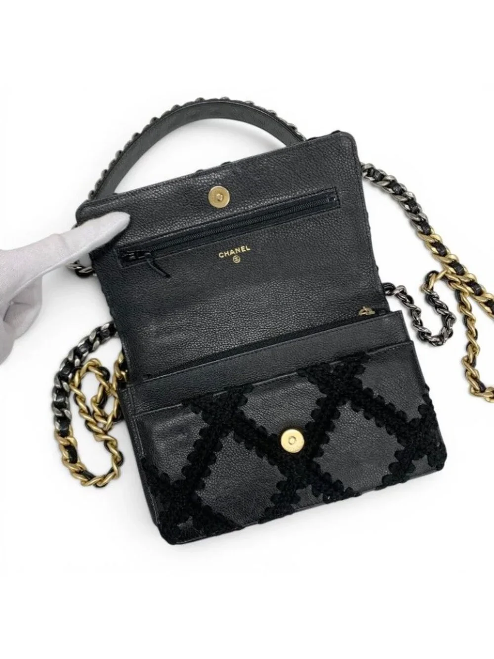 Chanel Shoulder Bag Black Gold Silver 19 CC Logo Crochet Chain Wallet